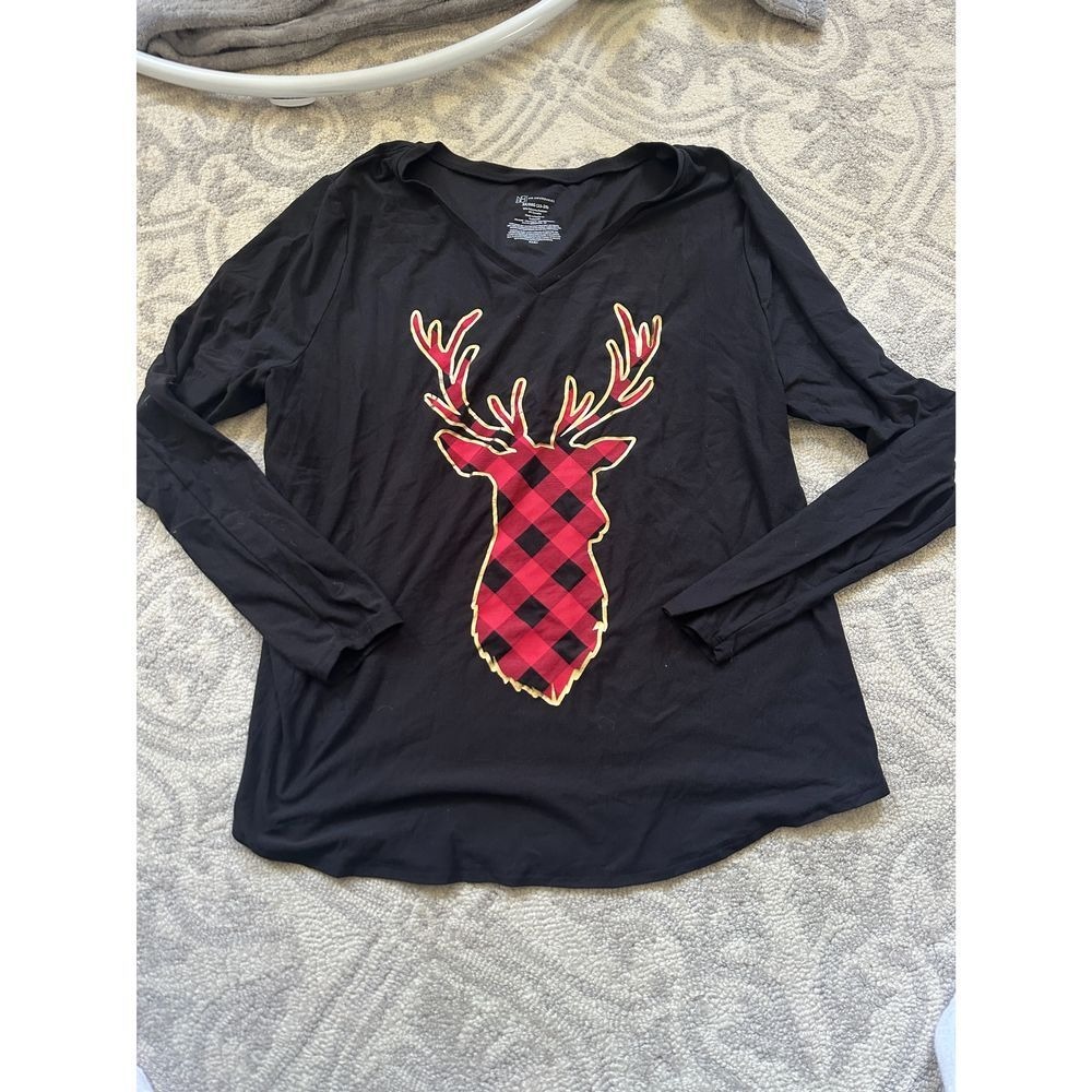 No Boundaries Buffalo Plaid Deer Long Sleeve V-Neck Tee Holiday Graphic 3X